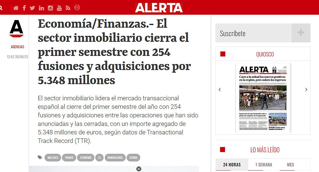 El sector inmobiliario cierra el primer semestre con 254 fusiones y adquisiciones por 5.348 millones